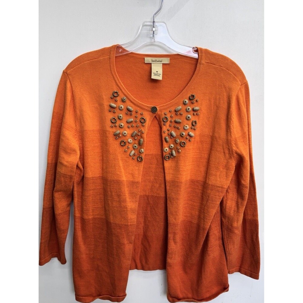 Bechamel Women’s M Orange Cardigan Sweater 100% Cotton Wooden Bead Detail front